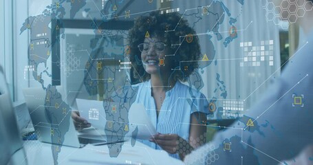 Business analyst reviewing printed report activating animated data lines for analytics discussion - Powered by Adobe