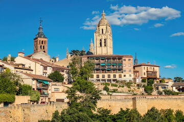 View of Segovia old town with Cathedral tower in the center