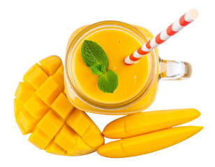  Homemade Mango Smoothie in Mason Jar with Straw and Mango Slices, isolated on transparent background.
