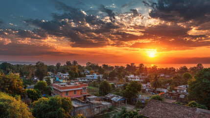 A scenic sunset view capturing village homes during summertime