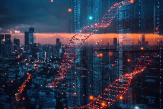 Data processing and DNA visualization over a modern cityscape at dusk, dna strand and data processing over cityscape