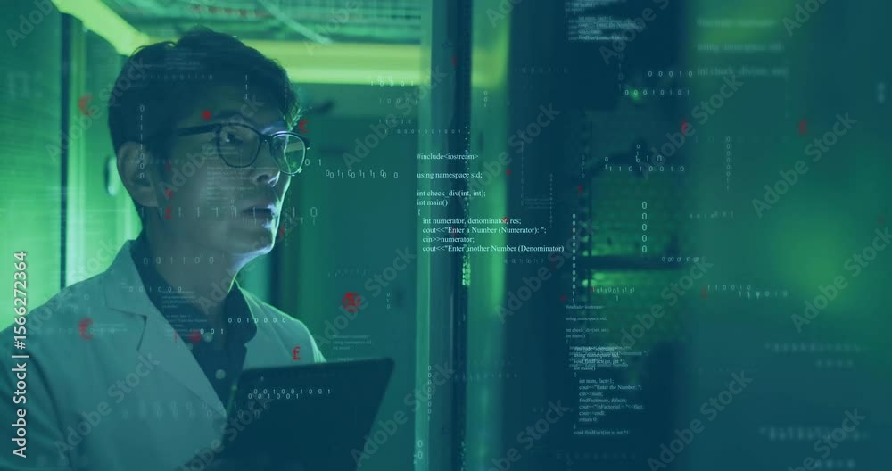 Poster research engineer swiping tablet and initiating code projection on pane for server verification