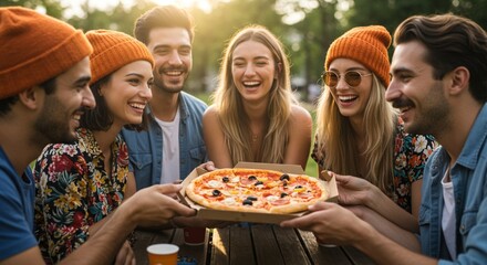 Group of friends enjoying pizza together, perfect for social media posts or food blog headers