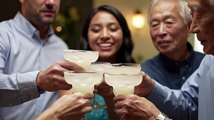 Diverse Group Toasting Margarita Celebrating National Margarita Day with Joyful Cheers and Soft Ambient Light Creating a Festive Atmosphere