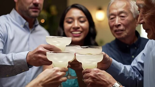 Diverse Group Toasting Margarita Celebrating National Margarita Day with Joyful Cheers and Soft Ambient Light Creating a Festive Atmosphere - Powered by Adobe