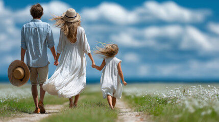 Back view of family walking on the beach on a sunny day.