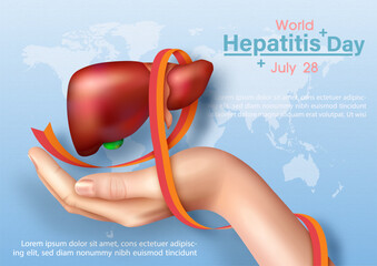 of event and example texts on blue world map background. Poster campaign of world hepatitis day in vector design.