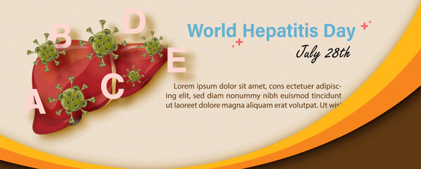 Concept of hepatitis A, B, C, D, Wording of World Hepatitis Day banner with a human liver in paper cut style, example texts in a campaign ribbon brown background.