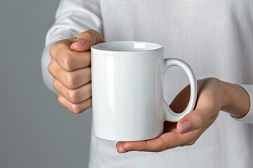 High Definition Image of a White Coffee Mug with the Hands Holding it