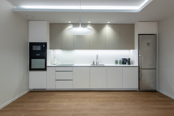 Modern Home Kitchen Interior Design with Sink, Fridge and Furniture