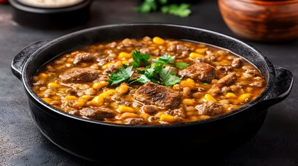 Delicious Spicy Beef Stew with Corn and Beans in Black Pot