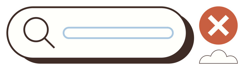 Obraz premium Search bar with magnifying glass icon, error symbol, and small cloud. Ideal for concepts thumbs up search, internet, error, failure, cancellation navigation and problem-solving. Minimal flat