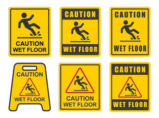 Caution Wet floor sign symbol. Warning Slippery floor Caution orange black sign plate icon. Vector illustration image. Isolated on white background.
