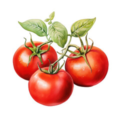 A watercolor painting of three vibrant red tomatoes still on the vine with lush green leaves around them on white background