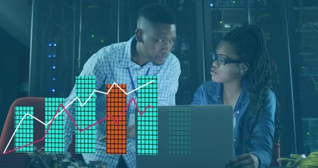 Engineer scrolling data initiating animated bars and lines mapping server rack performance metrics - Powered by Adobe