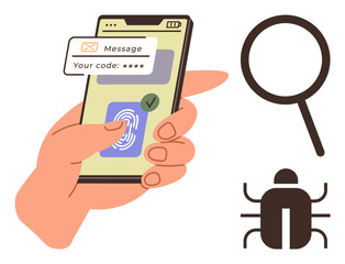 Biometric scan and code on phone, plus magnifying glass and bug icon. Ideal for cybersecurity, authentication, software testing, data protection, technology security, digital safety, simple flat