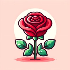 A red rose icon is shown with gentle curves and leaf details in playful flat style over a soft pink backdrop.