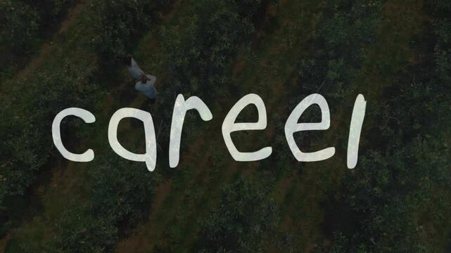 Drone capturing team walking orchard launching text labels evolving into education board mind map