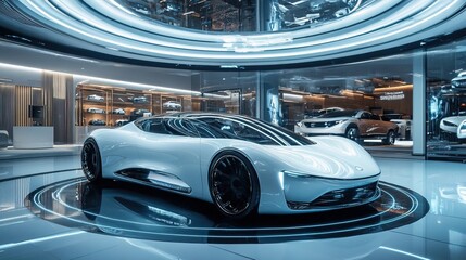 Futuristic Automotive Showroom Featuring Sleek Electric Car Display and Modern Design
