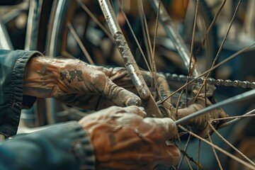 High Definition Image of Man Repairing Bicycle in Workshop