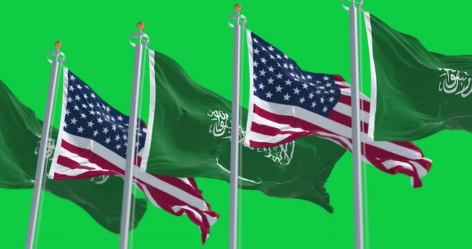 Saudi Arabian and American flags waving together isolated on green background