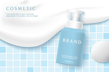 Cosmetic product ads template on blue tile  background with foam.