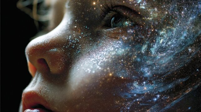 Childs face cosmic nebula overlay dreamy fantasy space portrait - Powered by Adobe