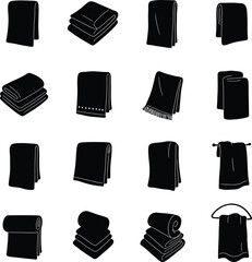 Facial and Bath Towel Silhouettes Set: A collection of various towel silhouettes, including folded, rolled, hanging, and draped over figures, suitable for bathroom and personal care concepts