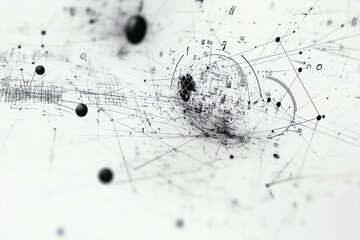 Mathematical equations and diagrams intertwining in a complex graphical representation of theories and concepts, mathematical equations, diagrams and formulas floating against white background