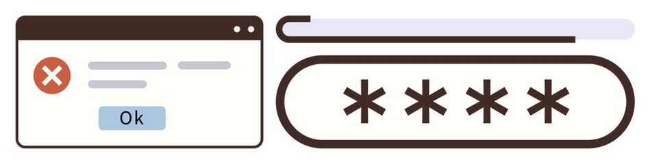 Obraz premium Error message box with failed password login notification and hidden password field. Ideal for security, login error, cybersafety, data protection, tech issues, user interface, simple flat metaphor