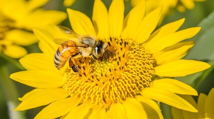 Honeybee on Bright Yellow Sunflower Closeup