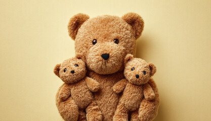 Obraz premium Large plush bear holding two small plush bears, soft brown fur, cute and comforting, family concept, flat lay on pastel yellow background, cozy and heartwarming scene