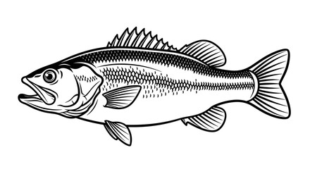 Fototapeta premium Bass fish illustration with detailed lines and streamlined body in black and white