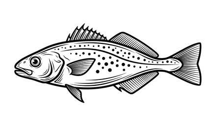 Cod fish illustration with detailed lines and spotted skin in black and white
