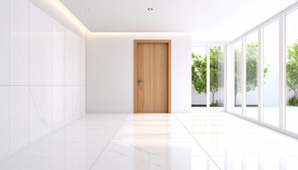 Obraz premium A wooden door slightly ajar in a minimalist white room with large windows, two green potted plants on either side, bright natural light, and modern interior design.