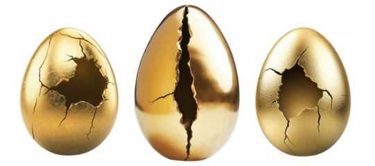 Cracked golden egg with hollow center isolated on white transparent background. The broken shell symbolizes wealth, fragility, and opportunity