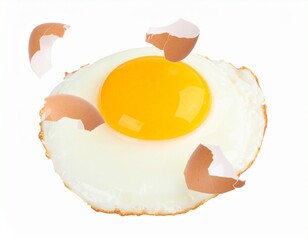 Floating Fried Egg with Yolk and Shell Fragments isolated on white 
