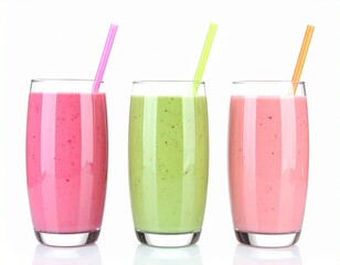Three different Smoothies in Glasses with Straws isolated on white 
