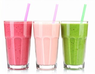 Three different Smoothies in Glasses with Straws isolated on white background
