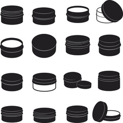 Hair Wax Tin Silhouettes Vector Set, Diverse Cosmetic Jars and Containers, Personal Care Product Packaging for Styling and Beauty Concepts.