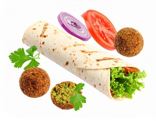 Floating Falafel Wrap Ingredients isolated on white background

