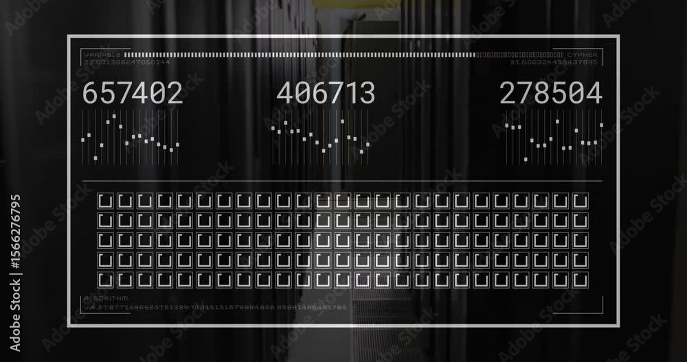 Poster overlay appearing over server racks, populating and updating metrics for monitoring, fading away