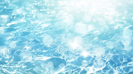 Light blue water background, sunlight and bokeh lights, summer concept banner design featuring a replica space. The water surface texture is perfect for vacation travel posters.