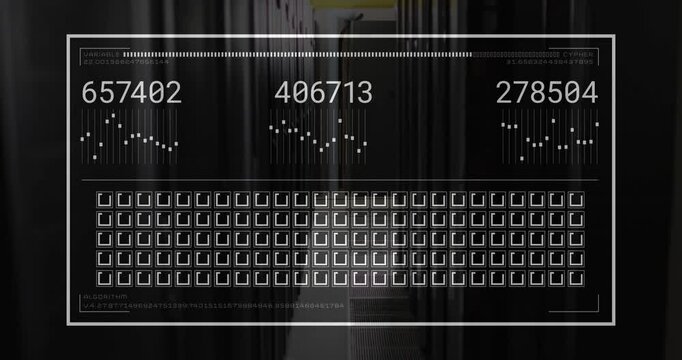 Overlay appearing over server racks, populating and updating metrics for monitoring, fading away