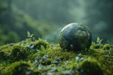 High Resolution Picture of Globe on Moss in Forest for Environmental Concept