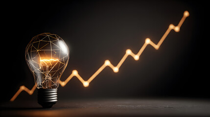 Illuminated lightbulb with wireframe design and rising graph on a dark background display