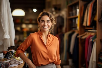 Obraz premium Portrait of a cheerful saleswoman standing in her fashion store, smiling