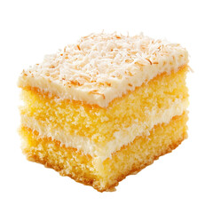 Moist lemon coconut cake with fluffy frosting isolated on a Transparent background for dessert lovers, lemon coconut cake isolated on PNG background