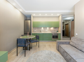 Modern Home Apartment Interior With Green Kitchen and Cozy Living Space