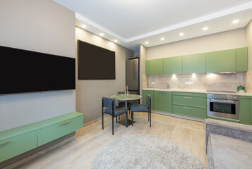 Modern Open-Plan Living Room and Kitchen Interior with Green Cabinets
